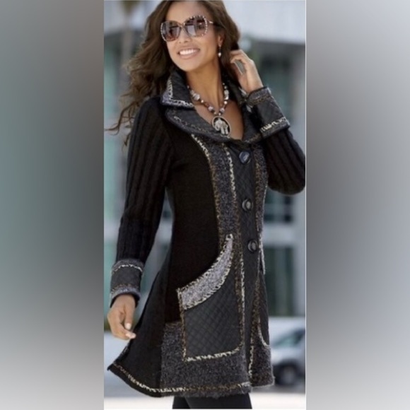 Sioni Mixed Media Wool Blend Black Jacket, w/ Faux Leather Details & Pockets, MP - Picture 1 of 16